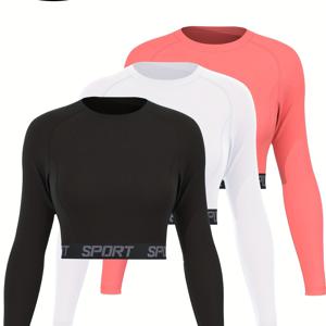 TEMU 3pcs 여성용 피트니스 긴팔 봄/가을 베이스 셔츠 여성용 반팔 가벼운 긴팔 상의 러닝, 사이클링, 피트니스, 레저, 다용도 의류 세트