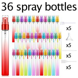 TEMU 36개 미니 향수 스프레이 병 세트 - 10ml 컬러 유리 미세 분무 리필 가능 빈 병, 36개 스프레이 병, 5개 드로퍼 피펫, 5개 깔때기, 5개 이송 펌프, 5개 스프링 빨대 포함, 여행용 향수 분무기, 에센셜 오일, 청소, 소형 샘플 용기