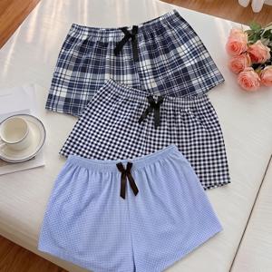 3색 체크 리본 스트레치 편안한 루즈 슬립 팬츠 3pcs 세트 홈웨어 베스트이 스타일 반바지 탄성 허리 밴드