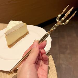 1/2세트, 스테인리스 스틸 크리에이티브 투톤 디저트 포크, 샐러드 포크, 과일 포크, 파스타 포크, 긴 손잡이 광택 넵튠 삼지창, 은빛 금색 포크