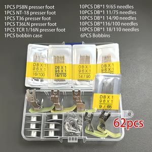62개 재봉틀 액세서리 세트 - 플랫베드 P58N, NT-18, T36, T36LN, TCR1/16용 5개의 압착 발, DB*1 9/65, DB*/75, DB*1 14/90, DB*1 16/100, DB*1 18/110 바늘 50개, 보빈 6개, 보빈 케이스 1개 포함