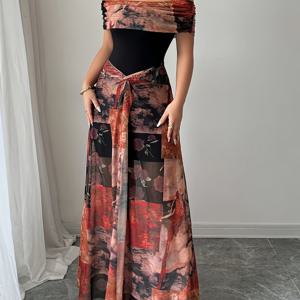 TEMU 방향성 패션 우아한 타이트핏 레트로 페인팅 프린트 메쉬 오프숄더 드레스