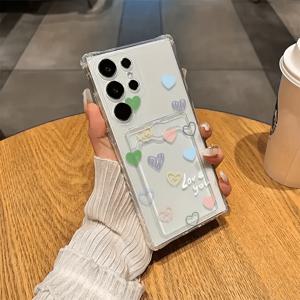 2D 평면 하트 패턴 카드 홀더 포토 슬롯 휴대폰 케이스, 삼성 S22 S23 S24 A26 A36 A56 A42 A52 A72 A73 A33 A70 A25 S25 S21 5G S22 5G S24 S23 울트라 호환, 충격 방지 내구성 보호 케이스, 스타일리시한 디자인, 부드러운 풀커버 보호 커버