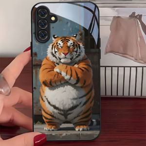 TEMU 휴대폰 케이스 - Fat Angry Tiger 아트 럭셔리 블랙 프레임 유리 폰 케이스 (삼성 갤럭시 A04 A04S A06 A13 A14 A15 A16 A22 A23 A24 A25 A32 A33 A34 A35 A52 A52S A53 A54 A55 S21 S23 S24 FE S25 S22 5G 커플 패션 보호 케이스) - 2V9751