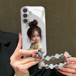 TEMU 휴대폰 케이스 - 입꼬리가 귀여운 소녀를 그린 강화 유리 휴대폰 케이스 (목걸이 스트랩 포함), Galaxy S25/S24 Ultra/S23+/Note20/A55/A54/A35/A34/A25/A53 호환 디자인, 전체 보호 및 낙하 방지 기능 제공
