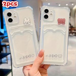 TEMU 휴대폰 케이스 - 2개 곰돌이 및 토끼 패턴 투명 휴대폰 케이스 (카드 홀더 포함), 아이폰 17 에어 프로 맥스, 아이폰 11 12 13 아이폰 16 15 14 13 12 11 프로 맥스 XS XR X 7 8 플러스 SE 시리즈 휴대폰 케이스에 적합