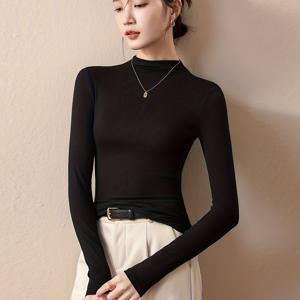 TEMU 모달 세미 하이넥 베이스 레이어 여성용 탑, 내부 또는 외부 착용 가능, 봄/가을 고급 블랙 슬림핏 셔츠, 캐주얼 커뮤터 탑