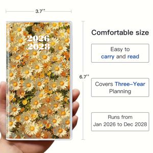 TEMU 크리스마스 선물 2026-2028 포켓 플래너, 플라워 시리즈 3년 월별 포켓 캘린더, 6.7