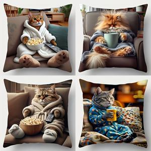 TEMU 4개 귀여운 고양이 프린트 베개 커버 | 18x18인치 폴리에스터, 지퍼 잠금, 단면 디자인, 손세탁 가능, 거실용 현대적인 스타일 (솜 미포함)
