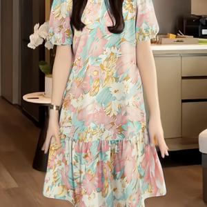 TEMU 여성용 우아한 반팔 러플 밑단 미디 드레스 - 라운드넥 무릎길이, 루즈핏 여름 드레스, 봄 여름 가을용, 캐주얼에서 세미포멀 웨어, 패딩 없음 (중국어 이름: 여성용 플로럴 프린트)