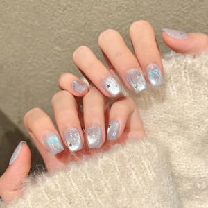 TEMU YH-W178# 별 나비 아이스 반투명 스모그 블루 그라데이션 쉬머링 핏 별과 블루 나비 라이트 아드온 센스 오브 콜드니스 프레스온 네일 숏 래더 네일 탈부착 및 재사용 가능 N, 핸드메이드 웨어러블 네일 세트
