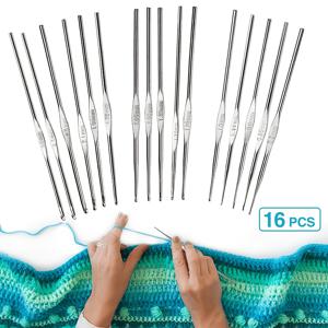 TEMU 스테인리스 스틸 초극세사 코바늘 0.5-3.0mm 후크 16개 세트, 자수 레ース 실용 코바늘 세트, DIY 수제 털실 뜨개질 도구