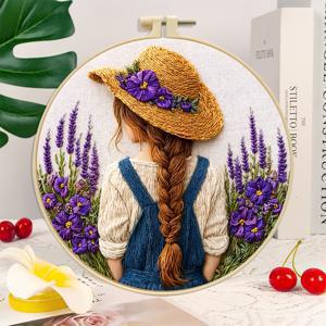 초보자를 위한 자수 키트 1세트, DIY 핸드메이드 꽃무늬 자수 재료 팩, 자수실과 프린트 원단 포함, 자수 고리 선택 가능, 밀짚모자를 쓴 소녀와 라벤더 패턴, 성인용 아트 핸드메이드 선물