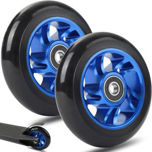2개 100mm 스턴트 스쿠터 휠 타이어 - 스쿠터 휠 교체용 범용 핏, 알루미늄 합금 림 및 안티락 베어링, 부드러운 ABD-7 베어링, 프로 스턴트 & 익스트림 라이딩 액세서리