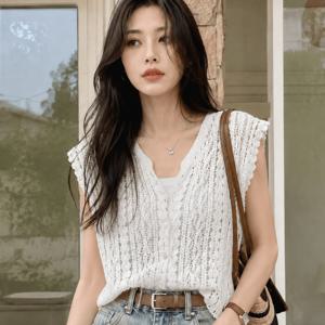 TEMU 예쁜 여자 여름 조끼 감성 크로셰 니트 베스트 여성 니트조끼여름용 플라워 오픈워크 브이넥 여름니트 데일리웨어