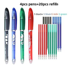 TEMU 24개입 컬러 지우개펜 세트, 펜 4개 + 리필 20개, 0.5mm 극세필, 내장형 지우개, 그림 및 낙서용, 필기 및 필기 노트용, 사무용 및 학용품으로 적합, 생일, 크리스마스, 할로윈, 발렌타인데이, 새해 선물 및 친구 선물용, 부활절 선물로 최고