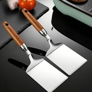 TEMU 2개 스테인리스 스틸 튜너 스패츌러 (나무 손잡이 포함), 팬케이크, 버거, 계란, 스테이크 뒤집기용 넓은 평면 그릴 스크레이퍼, 그릴 스크레이핑, BBQ, 테파냉이, 가정 요리용 다용도 주방 도구