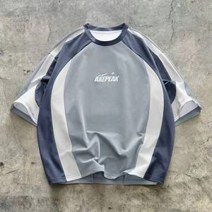 TEMU 스트리트 컬러 블록 패치워크 라운드넥 티셔츠 남성 레트로 AXPEAK 레터 프린트 루즈핏 게으른 스타일 스포츠 캐주얼 탑