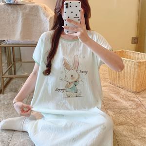 TEMU 여름 신상 얇은 구름 반팔 풀오버 미디 길이 녹색 만화 귀 큰 토끼 패턴 여성용 캐주얼 루즈핏 홈웨어 잠옷