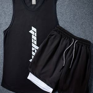 TEMU 남성용 투피스 농구복, 민소매 속건성 조끼와 무릎 길이 반바지, 러닝 및 아침 운동에 적합