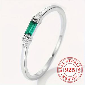 TEMU S925 스테인리스 실버 지르코니아 자석 녹색 보석 인조 반지 여성용 데일리 캐주얼 파티 스타킹 얹을 수 있는 얇은 반지