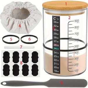 TEMU 9개입 SOURDOUGH 스타터 자리 키트 900ML 대용량 SOURDOUGH 스타터 용기 (뚜껑, 스푼, 마킹 테이프, 온도 기록 용지 포함) 재사용 가능한 넓은 입구 유리 SOURDOUGH 발효 용기 (베이킹 SOURDOUGH 빵 스타터 키트용) 넓은 입구 SOURDOUGH