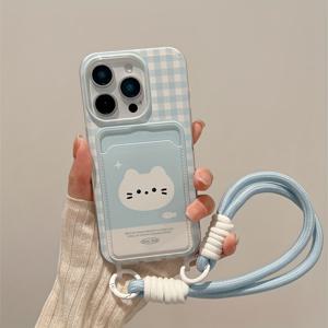 휴대폰 케이스 - 카드 가방 투명 블루 체크 무늬 고양이 휴대폰 케이스, 아이폰 11 12 13 Promax용, 걸이 로프 포함