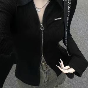 TEMU 여성용 티셔츠, 봄/가을 퓨어 데저어 슬림핏 Y2K 영한 스타일 니치 지퍼 핫탑, 여성용 칼라가 있는 기품 있는 긴팔 티셔츠, 크리스마스 여성용 겨울 의류