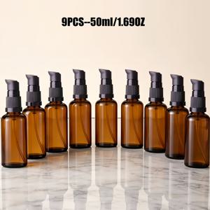 TEMU 9개 세트 앰버 유리 펌프 디스펜서 30/50/100ml 앰버 유리 스퀴즈 병, 1.01OZ/1.69OZ/3.38OZ 재사용 가능 및 휴대용, 블랙 캡 포함, 토너, 비누, 로션, 샴푸, 메이크업 리무버, 헤어 케어, 액체 디스펜서용 - 9pcs