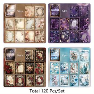 빈티지 플라워 시리즈 스크랩북용 장식 종이 120장 세트, DIY 공예 및 저널 데코레이션용 에스테틱 페이퍼 키트 (30매/팩, 4팩)