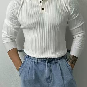 TEMU 남성용 패션 폴로 카라 텍스처 캐주얼 긴소매 니트 풀오버 스웨터