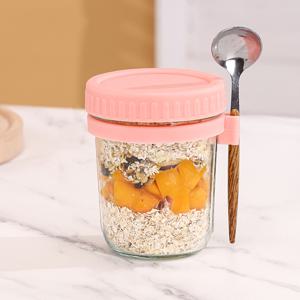 TEMU 1개/2개 유리 오트밀 컵, 뚜껑과 스푼이 포함된 오버나이트 오트스 용기, 16oz 시리얼, 우유, 야채 및 과일 샐러드 보관 용기, 측정 눈금 포함