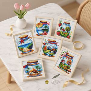 6개 DIY 십자수 키트 병집 풍경화 해변 바닷가 11CT 프린팅 캔버스 자수 풍경 사막 산 재료 패키지 초보자용 쉬운 재봉 공예품 집 장식