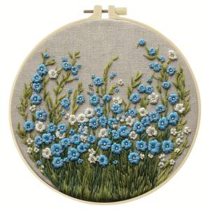 1개 자수 키트, 20x20cm/7.9x7.9인치, 파란 꽃, 수제 DIY 자수 키트, 성인 초보자 DIY 자수 애호가용, 자수 천, 설명서, 자수 스트레치 및 바늘과 실 포함, 친구나 가족 선물용, 홈 오피스 장식 수제 예술