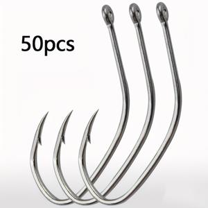 50개 XL 농어 낚싯바늘 롱샤프트 구부러진 입 고리형 바늘, 생미끼 농어 바다낚시용 바다낚시바늘