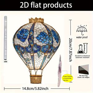 2D 평면, 2D 평면 열기구 빛 트랩, 5.82x7.87인치 아크릴 펜던트, 스타일 스테인드글라스 효과, 밝은 파란색과 황금색 장식, 다기능 예술 선물, 창문, 방, 현관 벽걸이, 가정 인테리어 장식을 위한 완벽한 선택, 2D 평면