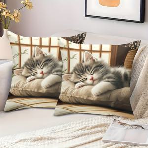 TEMU 2개 묶음 귀여운 수면 고양이 패턴 베개 커버, 45.72X45.72Cm 부드러운 벨벳 소파 침대 쿠션 케이스, 홈 데코레이션용