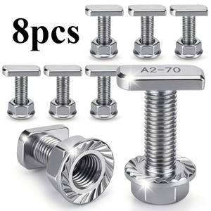 TEMU M8 스테인리스 스틸 T-스커우트 세트 - A2-70 304 스테인리스 스틸 사각 머리 T-슬롯 볼트 (탈부착 방지 플랜지 너트 포함) - 자동차 루프 랙 레일, 태양광 브래킷 및 목공 슬라이드 개조 부착에 적합 (길이 20mm) - 8세트