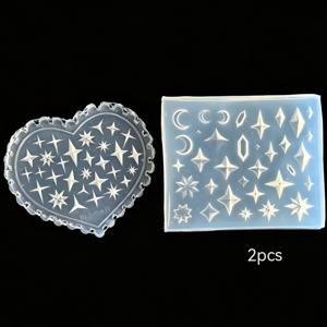 2개 별 달 테마 실리콘 네일 아트 몰드, 투명 3D 엠보싱 하트 및 사각형 네일 스탬핑 템플릿, 반짝이는 보석 별 새벽 달 조각 몰드 (아크릴 네일 데코용), 레진 에폭시 공예 용품
