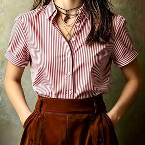 TEMU 우아한 여성 반팔 셔츠 | 올 시즌, 레귤러 길이, 라펠 칼라, 버튼 디테일