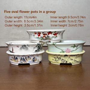 TEMU 미니 소형 사이즈 5개 묶음 타원형 세라믹 분재 화분 다육 식물 재배 도자기 얕은 화분 흰색, 시안 및 노란색 세라믹 화분 목조 스타일 고온 베이킹 페인팅 분재 화분 모종 재배 화분 중국