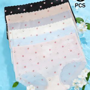 TEMU 6개입 반투명 아이스 여성 브리프, 귀여운 딸기 프린트, 물결 모양 엣지, 심리스 통기성, 초박형 속건성 데일리 웨어