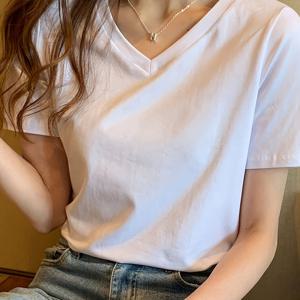 아시아 사이즈 여름 솔리드 V넥 티셔츠 여성용 다용도 캐주얼 이지 패션 루즈핏 반팔 상의