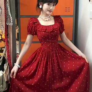 BK0622034+우아한 디렉셔널+스퀘어 넥 러플 반소매 프린트 여성 원피스, 2025 여름 신상품, 허리 슬림핏 우산 A라인 맥시 원피스
