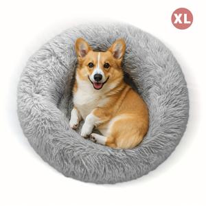도톰한 대형 사이즈 원형 롱 플러시 강아지 침대 고양이 침대 반려동물 침대, 40cm-100cm 강아지 침대, 미끄럼 방지 바닥, 인조 퍼 제작, 따뜻하고 플러시한 쿠션. 소형견, 중형견, 대형견용, 반려동물 할로윈 크리스마스 선물