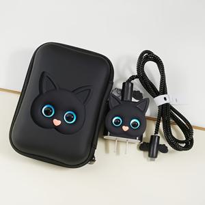 TEMU 6개 세트: 파란 눈의 검은 고양이 머리 디자인, Apple iPhone 18-20W 충전기 호환 보호 케이스 + 검은색 보관 파우치
