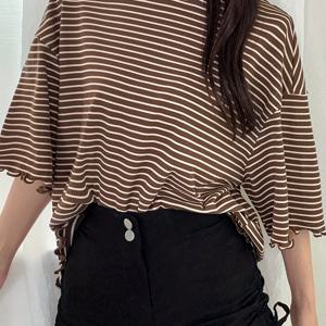 TEMU 여성 웨이브 러플 트림 루즈 컨트라스트 트림 반팔 티셔츠, 여름 캐주얼 야외 브라운 탑 반팔