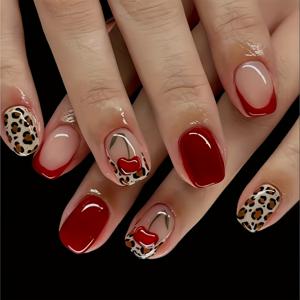 TEMU 새로운 숏 스퀘어 유럽&미국 프렌치 스타일 레드 체리 프린트 프렌치 핫 프레스온 네일, 달콤하고 귀여운 체리 매니큐어, 탈부착 가능 및 재사용 가능