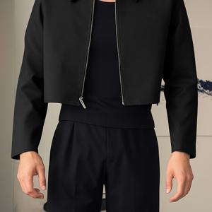 인서른 남성 긴팔 크롭 재킷 셔츠 칼라 솔리드 라펠 긴팔 지퍼 업 크롭 셔츠 얇은 재킷