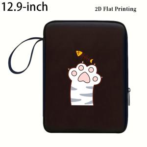 TEMU 고양이 발바닥과 생선뼈 패턴 2D 평면 프린트 그레이 휴대용 랜야드 낙하 방지 충격 방지 지퍼 잠금 심플한 만화 스타일 iPad 보관 파우치 1개, 일상 통근, 학생 사무실 및 학습용, 2D 평면